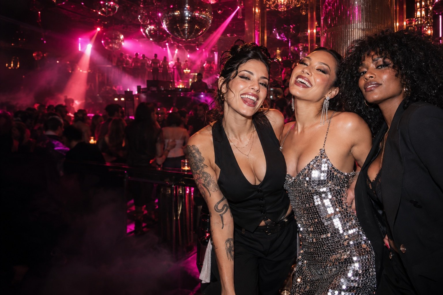 AI-generated campaign concept featuring three women in a disco-lit nightclub